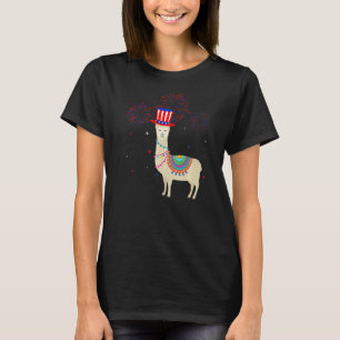 T-shirt Llama Graphic Rouge Blanc Bleu Décor Feu d'artific