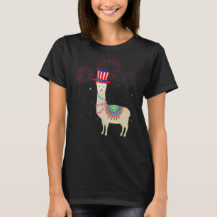 T-shirt Llama Graphic Rouge Blanc Bleu Décor Feu d'artific