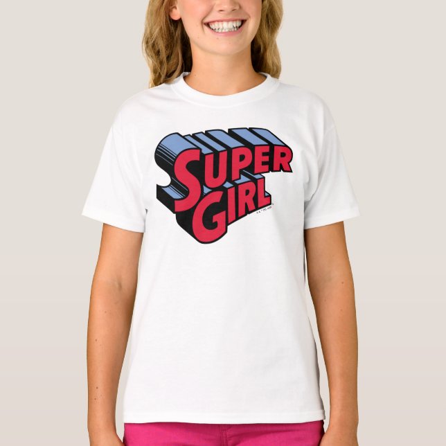 T-shirt Logo du nom empilé de la superfille rouge et bleue (Devant)
