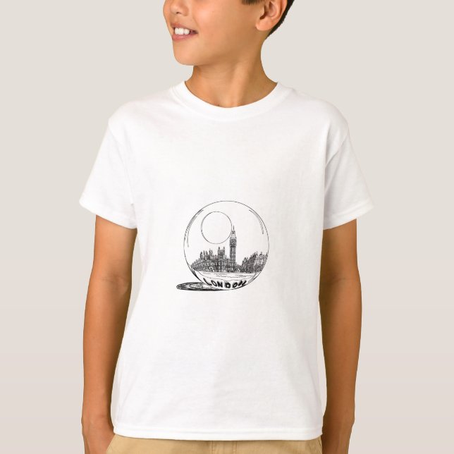 T-shirt Londres dans une boule de verre. (Devant)