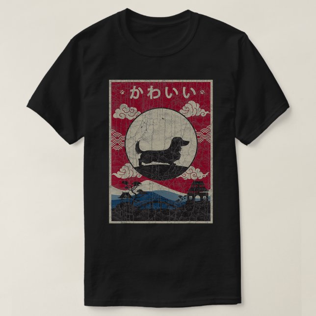 T-shirt Long Haired Dachshund Design japonais Kawaii Chien (Design devant)
