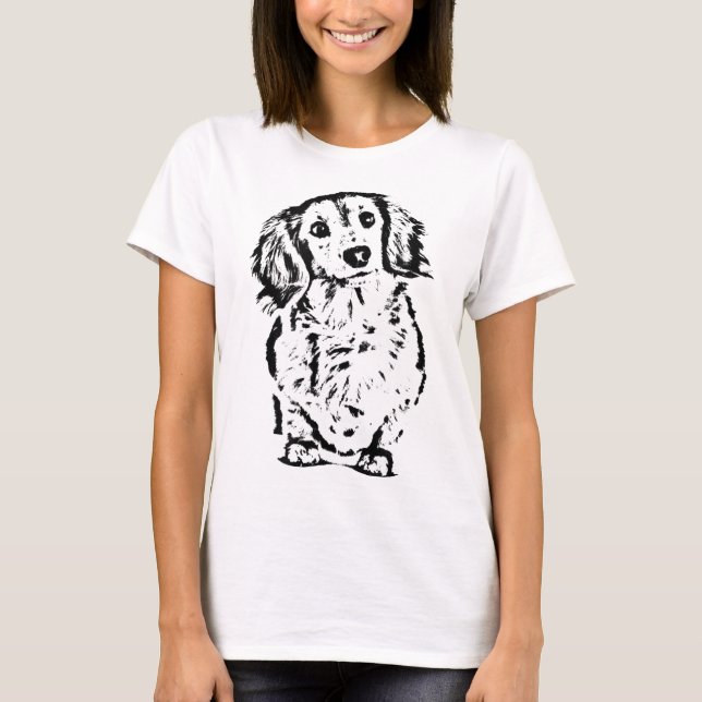 T-shirt Longue Cheveux Dachshund Amant Cadeau Doxie Maman  (Devant)