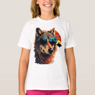 T-shirt Loup chien avec lunettes de soleil dans le coucher
