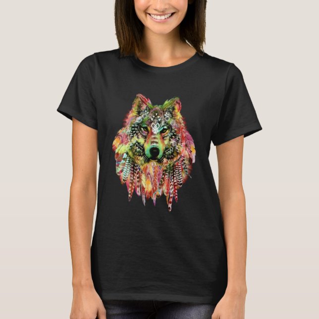 T-shirt Loup de style amérindien avec plumes Boho Pret (Devant)