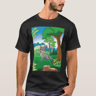 T-shirt Loup Gris Souriant Traversant La Forêt Avec Blu