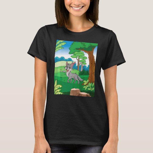 T-shirt Loup Gris Souriant Traversant La Forêt Avec Blu (Devant)