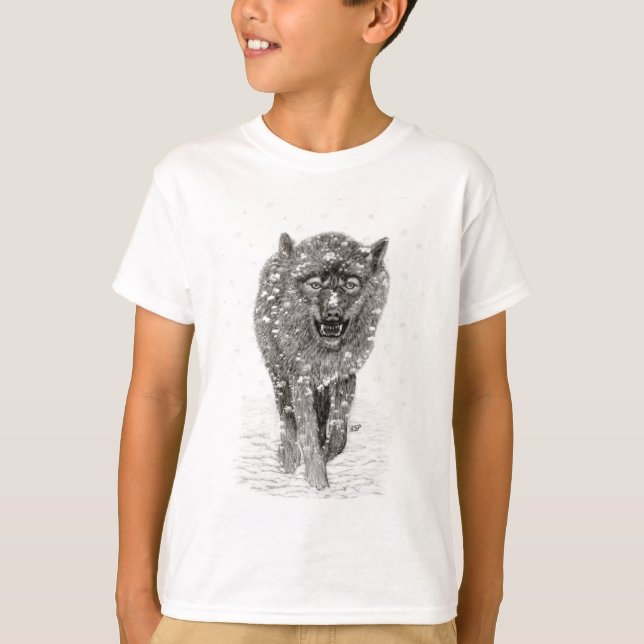 T-shirt Loup noir en colère dans la neige, hiver sauvage (Devant)