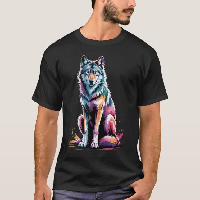 T-shirt Loup Poster Style Peinture colorée Art (Devant)