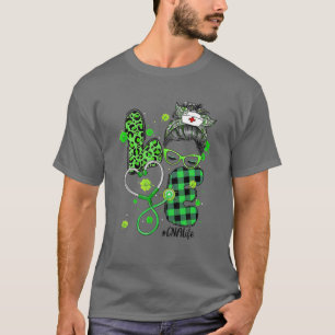 T-shirt Love CNA Nurse Life Messy Bun Leopard Irish St Pat