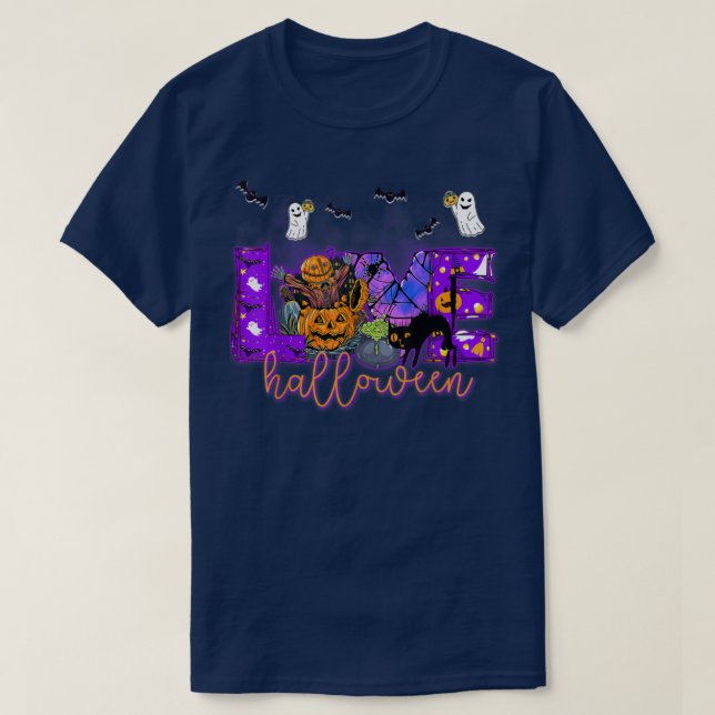 T-shirt Love Halloween Pumpkins Ghost Bat Cat Spooky Night (Design devant)