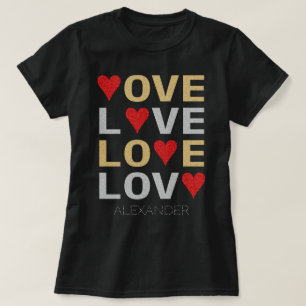 T-shirt Love Heart Red Gold Silver Parties scintillant Nom