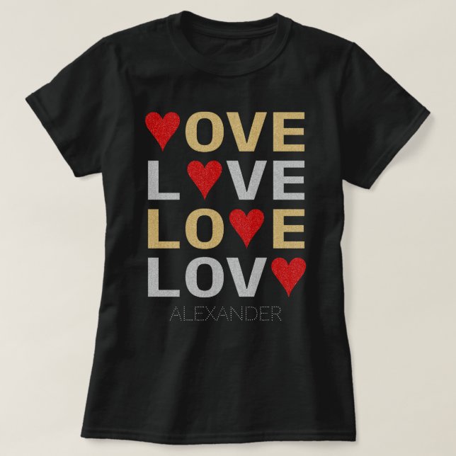 T-shirt Love Heart Red Gold Silver Parties scintillant Nom (Design devant)