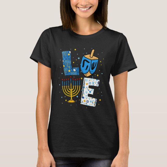 T-shirt LOVE Mignonne Hanoukka Décorations Dreidel Menorah (Devant)