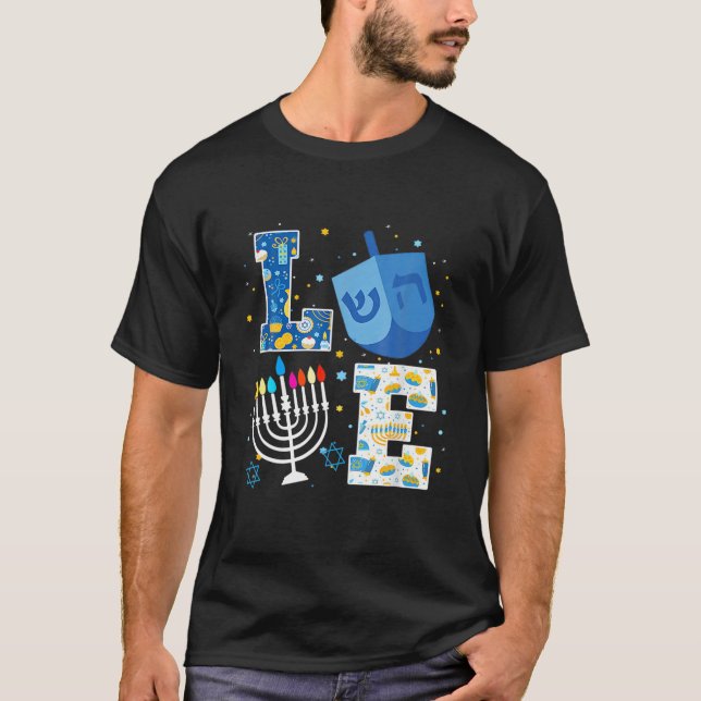 T-shirt LOVE Mignonne Hanoukka Décorations Dreidel Menorah (Devant)