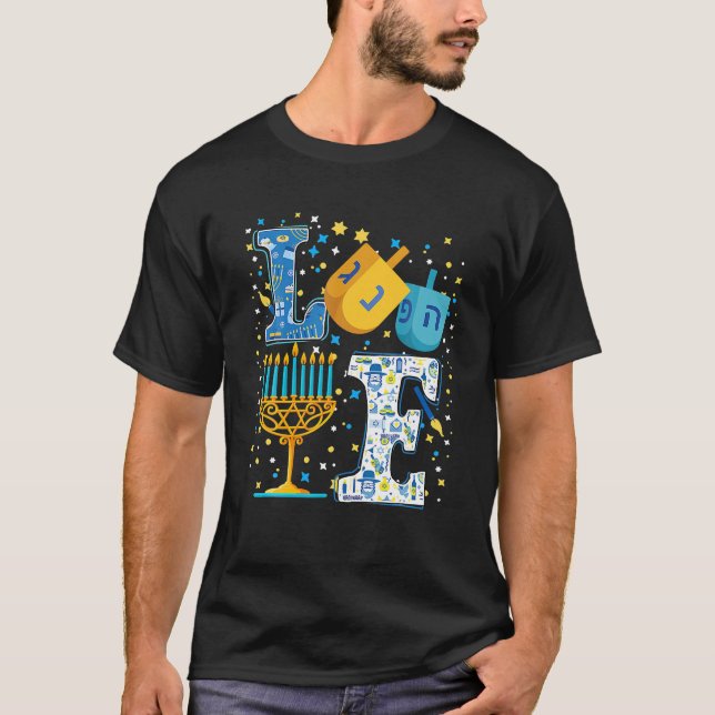 T-shirt LOVE Mignonne Hanoukka Décorations Dreidel Menorah (Devant)