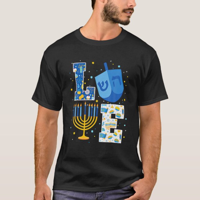 T-shirt LOVE Mignonne Hanoukka Décorations Dreidel Menorah (Devant)