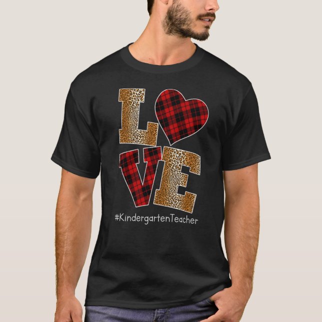 T-shirt LOVE Plaid Red Leopard Kindergarten Teacher Valent (Devant)