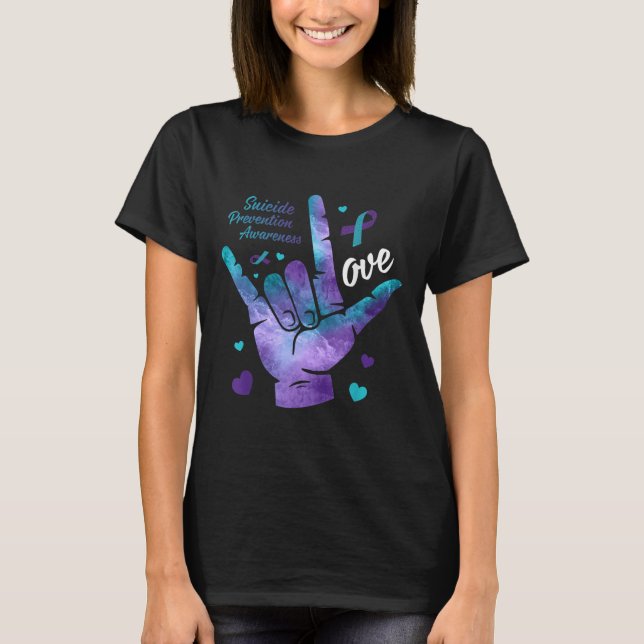T-shirt Love Sign Teal &amp; Purple Ribbon Suicide Prevent (Devant)