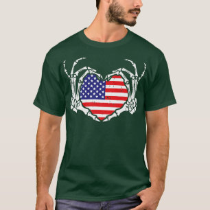 T-shirt Love Skeleton Coeur main US Drapeau américain Indé