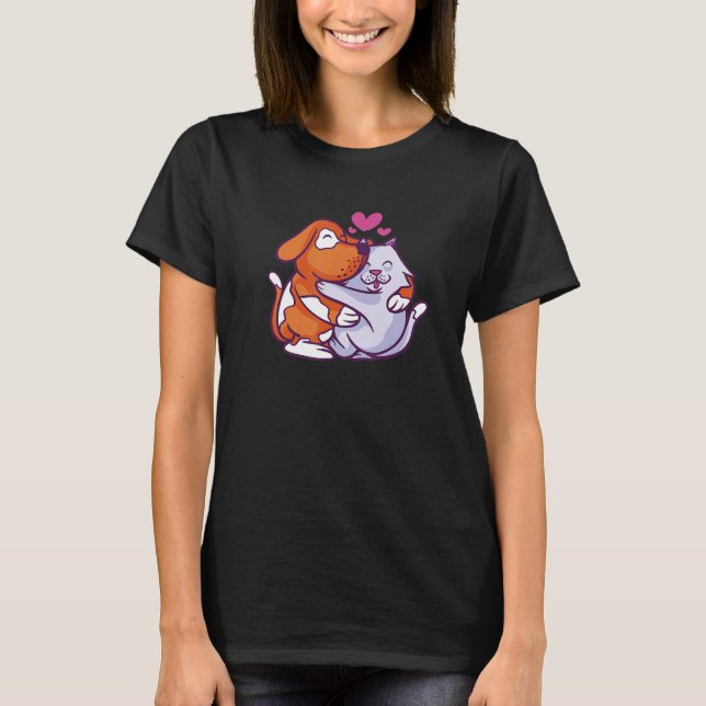 T-shirt lovely cat and dog hug design living in peace frie (Devant)