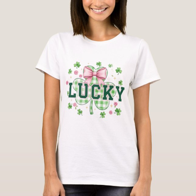 T-shirt Lucky Clover Coquette Bow St. Patrick's Day Girls  (Devant)