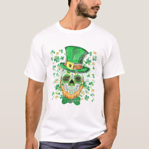 T-shirt Lucky Four Leaf Shamrock Clover Skull Irish St Pat