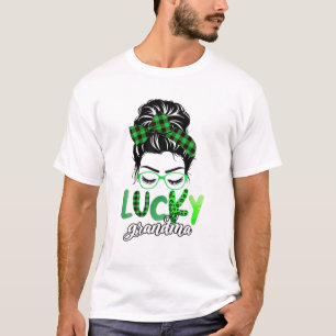 T-shirt Lucky Grand-mère Leopard Plaid Messy Bun Irish St