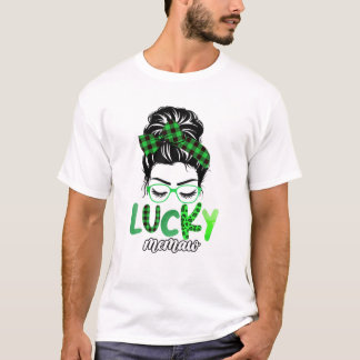 T-shirt Lucky Memaw Leopard Plaid Messy Bun Irish St Patri