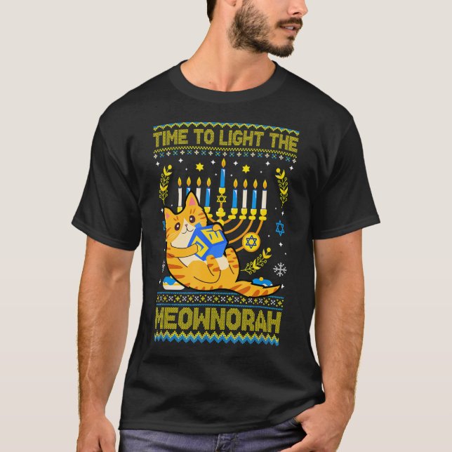 T-shirt Lumière Meownorah Chat Juif Menorah Ugly Chanu (Devant)