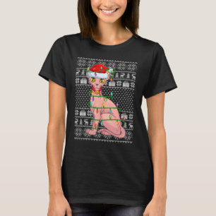 T-shirt Lumières de Noël de style pull moche Santa Sphynx 