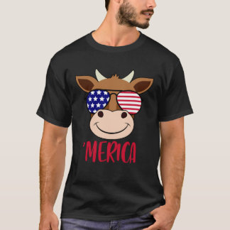 T-shirt Lunettes de soleil Cow Face 4 juillet USA Drapeau 