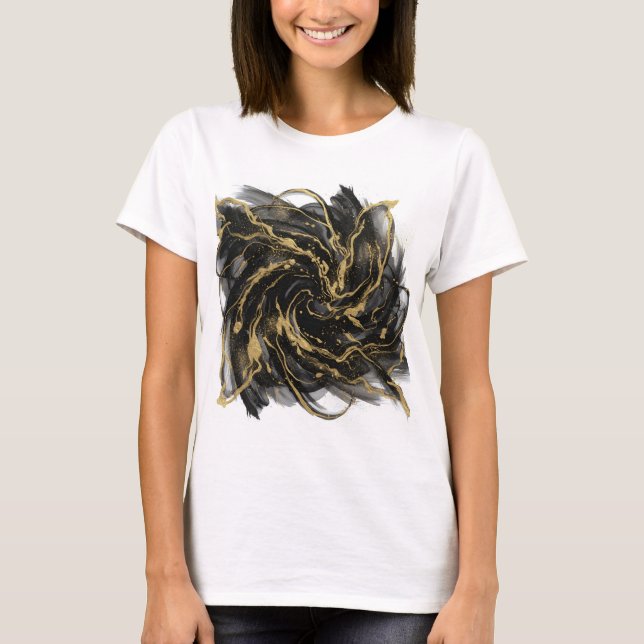 T-shirt Luxury Gold and Black Abstract Marble Ink Flow (Devant)