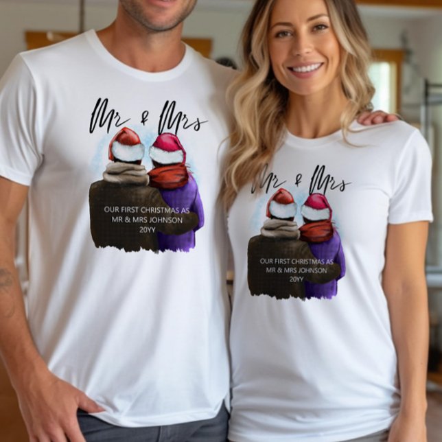 T-shirt M. et Mme Script couples chrétiens (Mr & Mrs First Christmas T-Shirts)