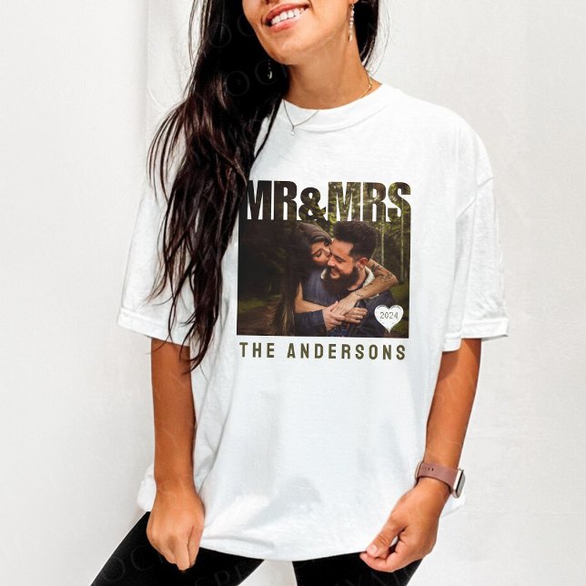 T-shirt M. & Mme Photo Block Anniversaire du coeur Nom (Mr & Mrs Photo Block Heart Anniversary Name T-Shirt
)