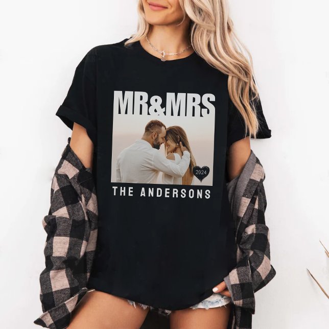 T-shirt M. & Mme Photo Block Nom de l'anniversaire du coeu (Mr & Mrs Photo Block Heart Anniversary Names Black T-Shirt
)