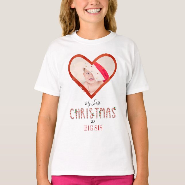 T-shirt Ma première soeur de Noël Love Heart Baby Photo (Devant)