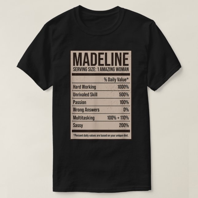 T-shirt Madeline Nutrition Facts Nom Pseudo Alias Titre (Design devant)