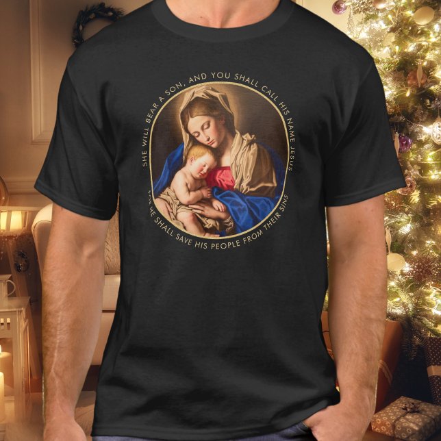 T-shirt Madonna & Enfant traditionnel Noël religieux (Madonna and Child religious Christmas t-shirt with Bible verse for Catholics and Christians)
