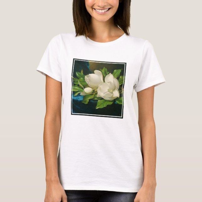 T-shirt Magnolias géantes sur un tissu bleu de velours, (Devant)