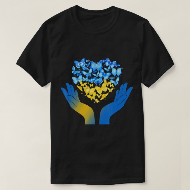 T-shirt Main Love Heart Butterfly Ukrainien Drapeau Stand  (Design devant)