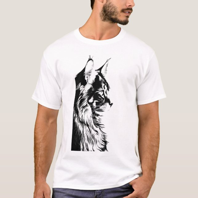 T-shirt Maine Coon T-Shirt: White Tee Black & White Cat (Devant)