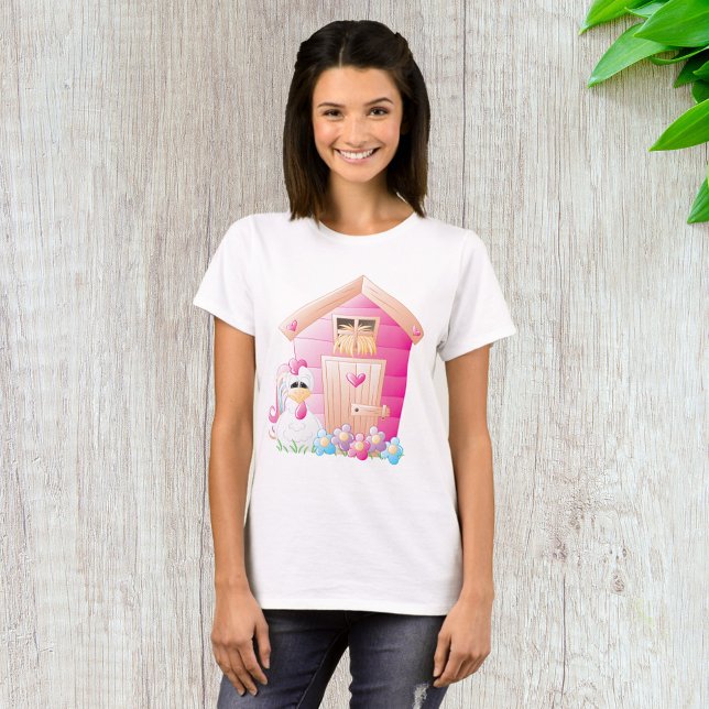 T-shirt Maison de poulets et de poules roses avec fleurs (Créateur téléchargé)
