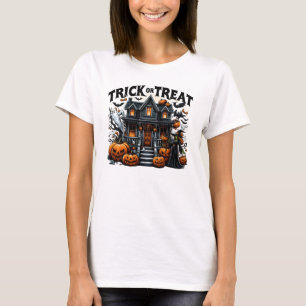 T-shirt Maison éffrayante avec citrouilles et fantômes