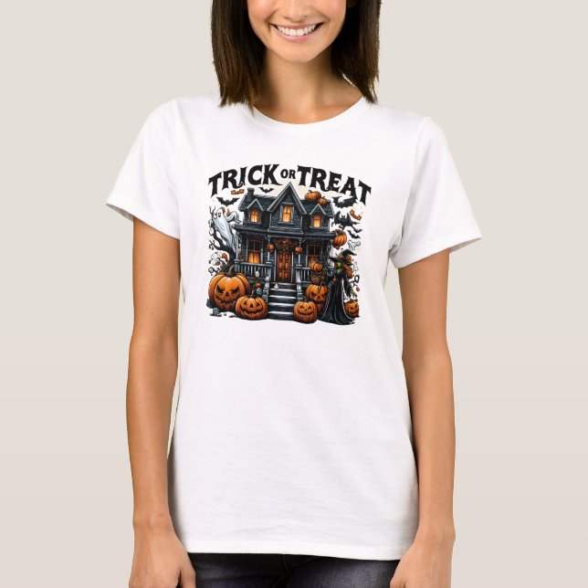 T-shirt Maison éffrayante avec citrouilles et fantômes (Devant)