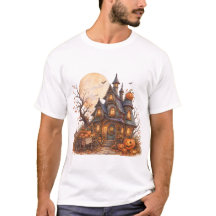 Maison hantée d'Halloween et chariot de citrouille