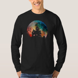 T-shirt Maison hantée effrayante et pleine lune à l'aquare
