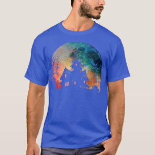 T-shirt Maison hantée effrayante et pleine lune en aquarel
