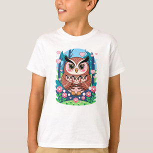 T-shirt Mama Owl qui embrasse des bébés entourés de fleurs