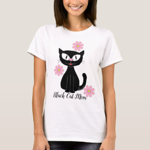 T-shirt Maman chat noir avec de jolies fleurs roses amoure