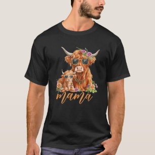 T-shirt Maman Highland Cow Mignonne Avec Veau Bébé Floral